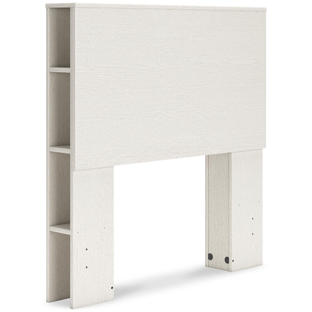 White Twin Upholstered Wood Bookcase Headboard with Storage