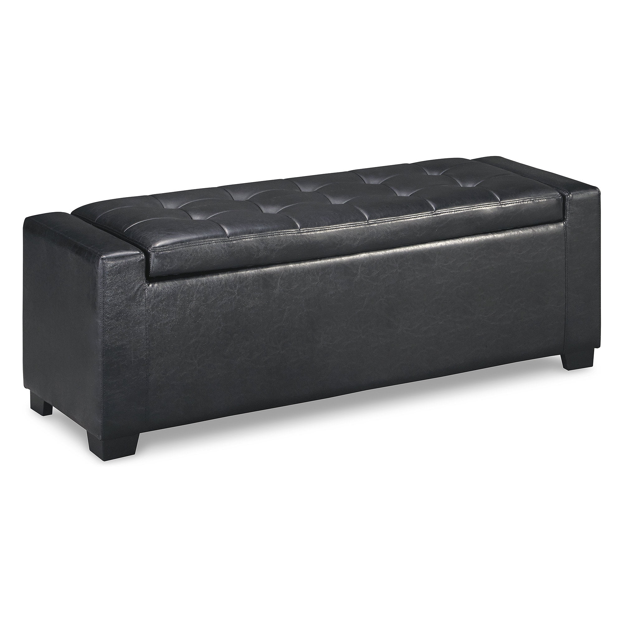 Black Faux Leather Upholstered Storage Bench with Button Tufting