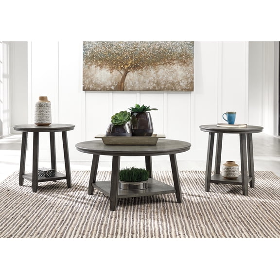 Signature Design by Ashley Caitbrook 3-Piece Occasional Table Set, Gray, Round Coffee Table and 2 End Tables with Storage Shelves