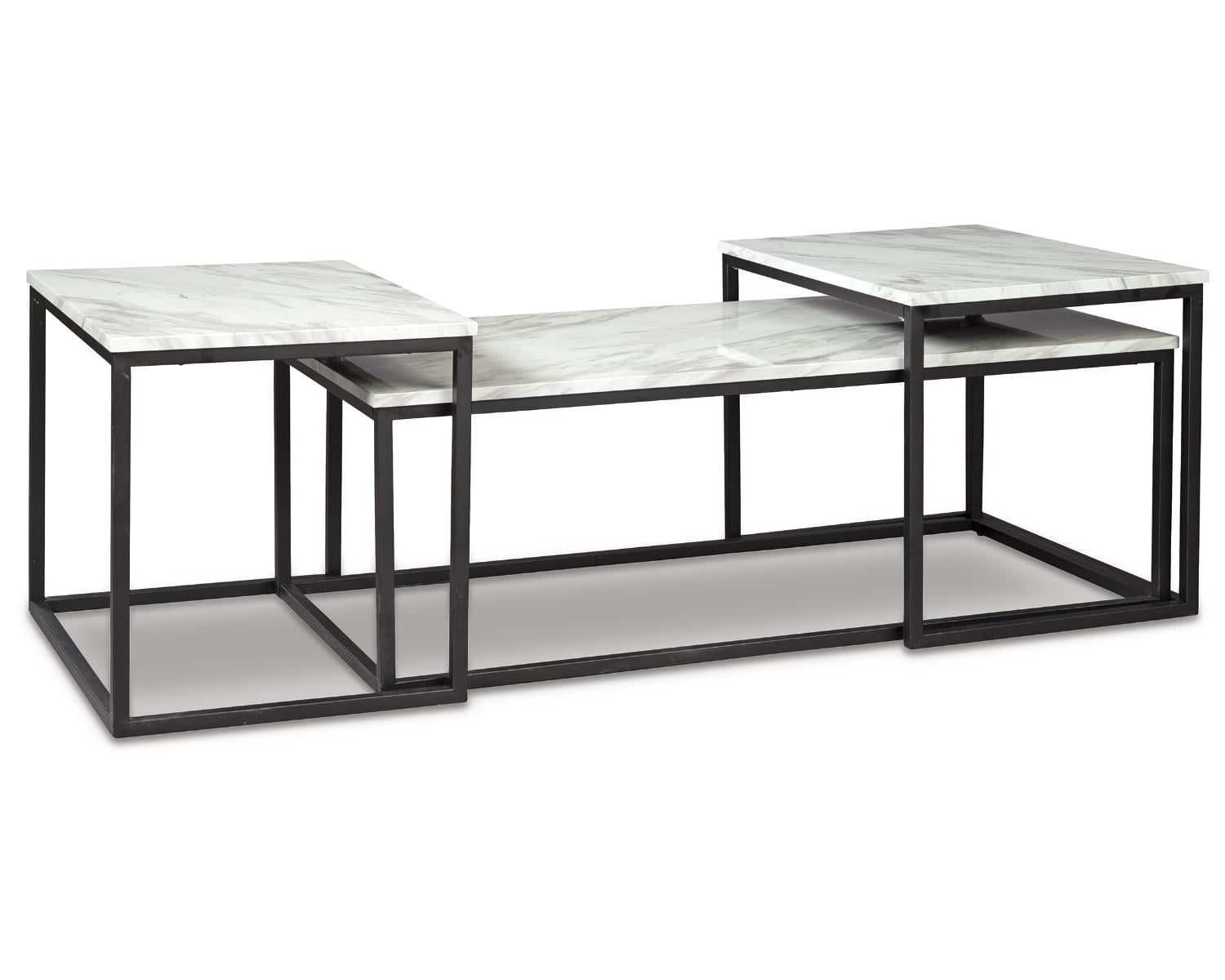 Contemporary Black Metal Frame Rectangular Marble Top 3-Piece Table Set
