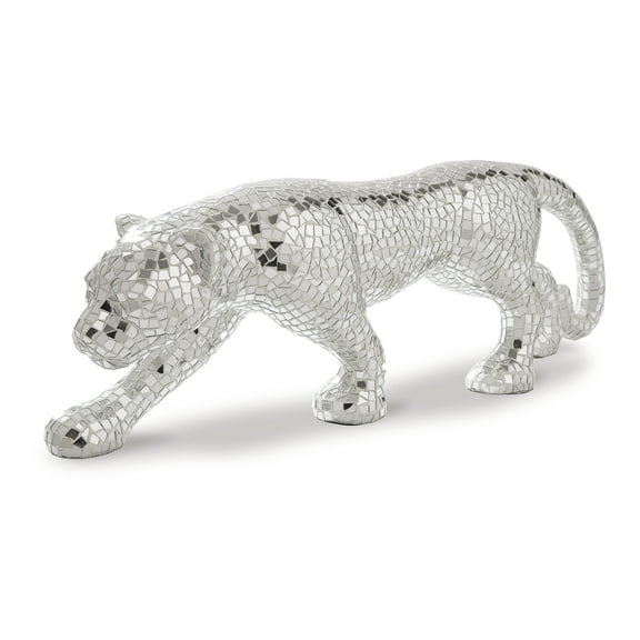 Signature Design by Ashley Drice Panther Sculpture, Mirror Silver Mosaic Glass Handcrafted Decorative Accent, 10.75" Height