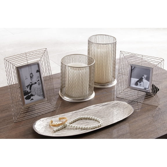 Signature Design by Ashley Dympna 5-Piece Home Dcor Accessory Set, Silver Finish, Includes Candle Holders, Photo Frames, and Tray