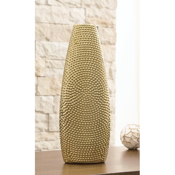 Signature Design by Ashley Efim Decorative Vase, Gold Finish, Textured Ceramic Accent Vase for Faux Florals