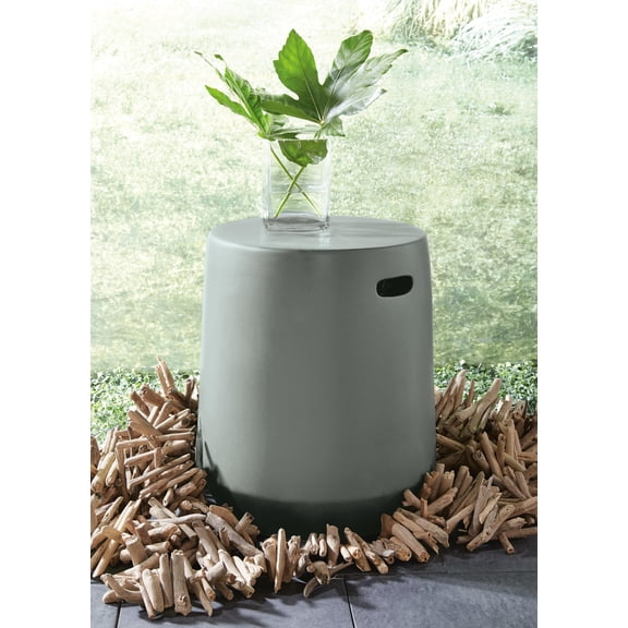 Signature Design by Ashley Kalmunds Ceramic Accent Stool, Gray, Indoor/Outdoor Side Table or Plant Stand with Cutout Handles