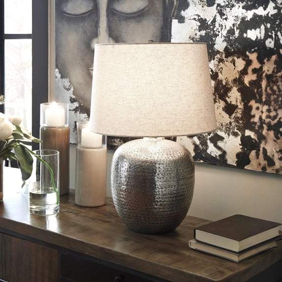 Signature Design by Ashley Magalie Metal Table Lamp, Antique Silver Hammered Aluminum, Modern Accent, 3-Way Switch