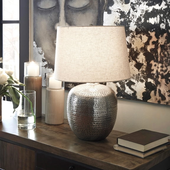 Signature Design by Ashley Magalie Metal Table Lamp, Antique Silver Hammered Aluminum, Modern Accent, 3-Way Switch
