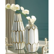 Signature Design by Ashley Mohsen Vase Set, White and Gold Ceramic Decorative Indoor Outdoor Vases, Honeycomb Pattern (S
