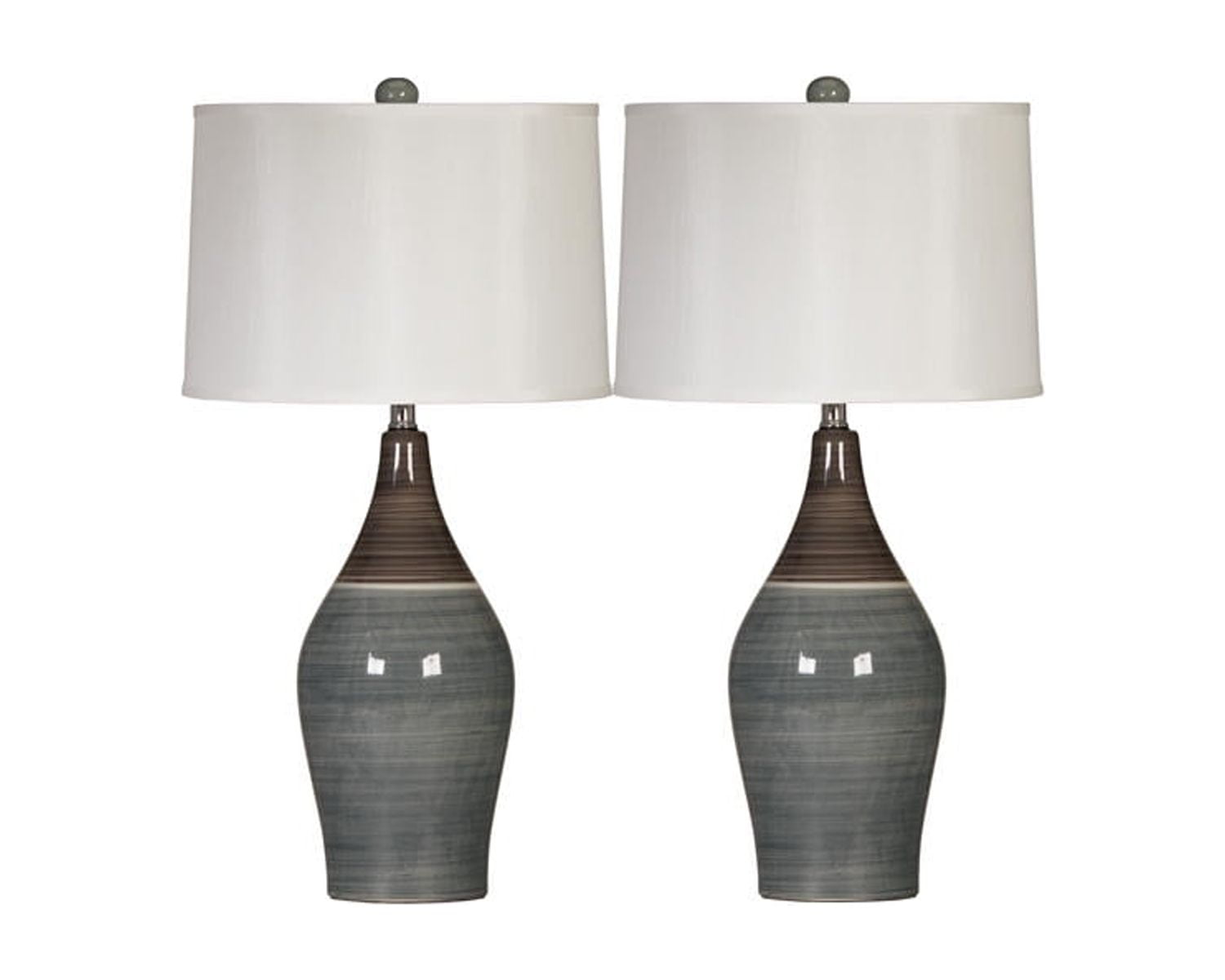 Set of 2 Gray Ceramic Table Lamps with White Drum Shade, 28" Height