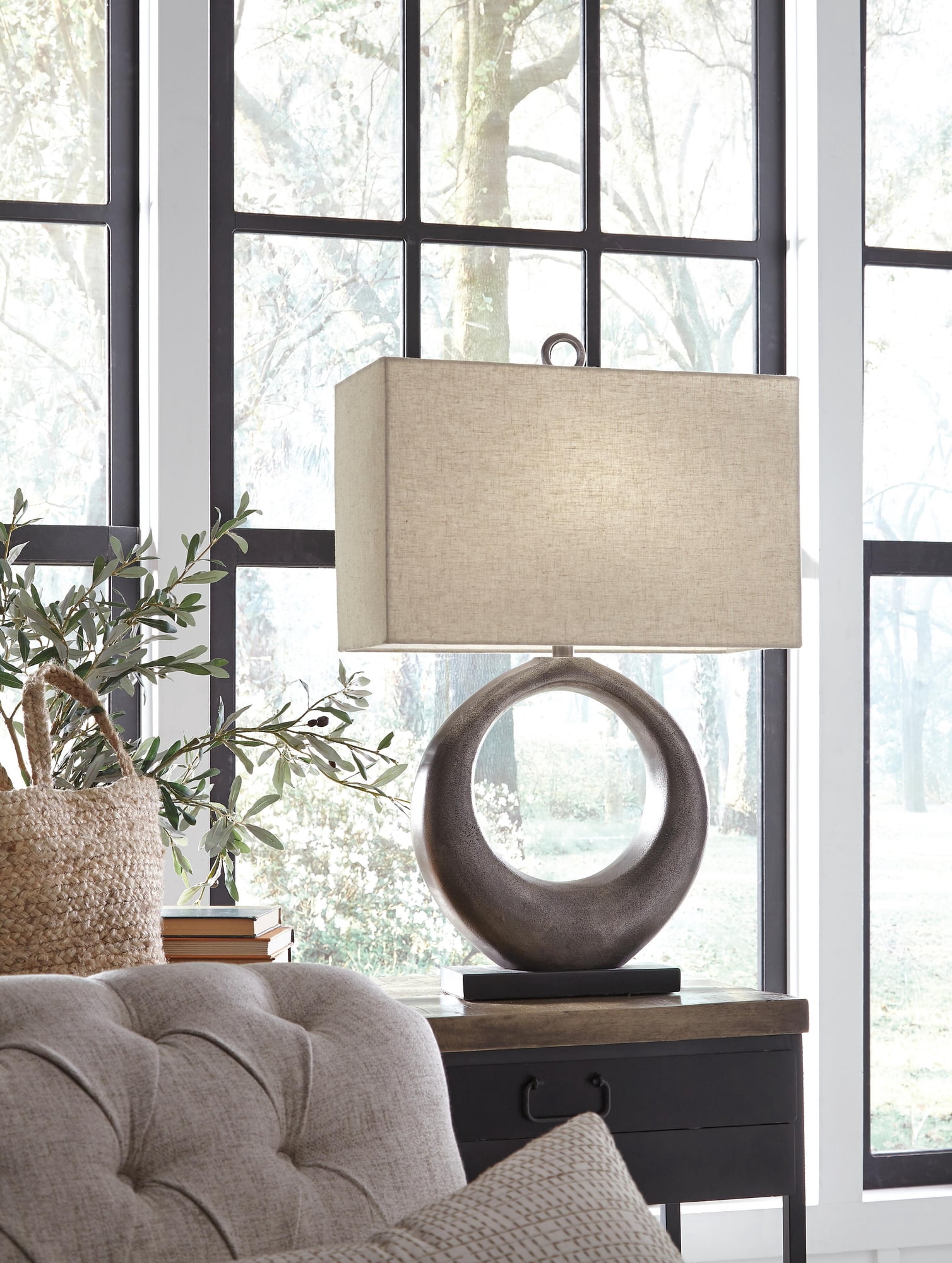 Signature Design by Ashley Saria Metal Table Lamp, Antique Silver Finish, Modern Sculptural Lamp with Open Ring Base and Rectangular Shade