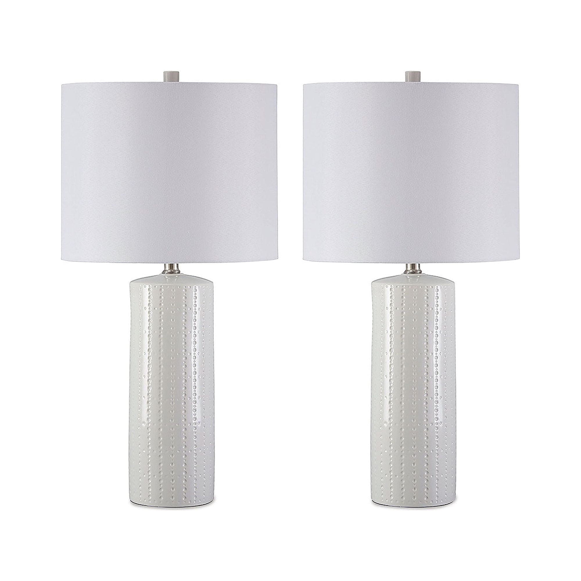 Steuben White and Gray Ceramic Table Lamp Set with Fabric Shade