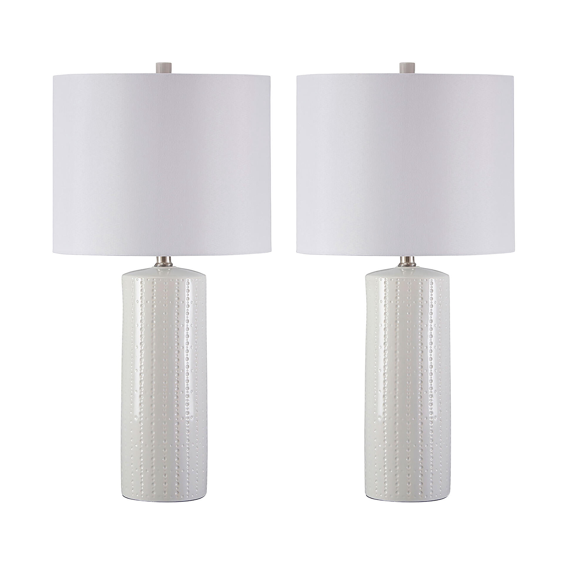 Signature Design by Ashley Steuben Ceramic Table Lamp Set (2), White, Contemporary Textured Lamps with Drum Shades and 3-Way Switch