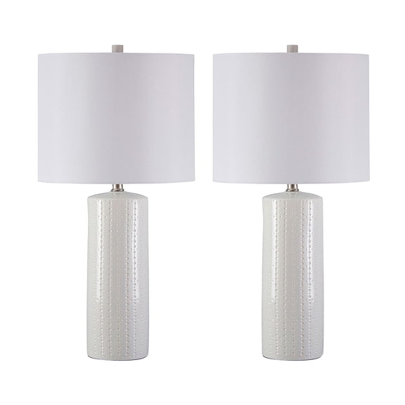 Signature Design by Ashley Steuben Ceramic Table Lamp Set (2), White, Contemporary Textured Lamps with Drum Shades and 3-Way Switch