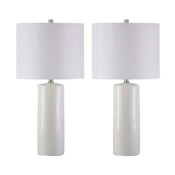Signature Design by Ashley Steuben Ceramic Table Lamp Set (2), White, Contemporary Textured Lamps with Drum Shades and 3-Way Switch