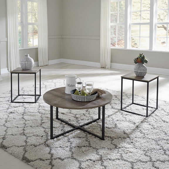Signature Design by Ashley Wadeworth 3-Piece Occasional Table Set, Gray/Black, Round Coffee Table and 2 End Tables with Metal Frame