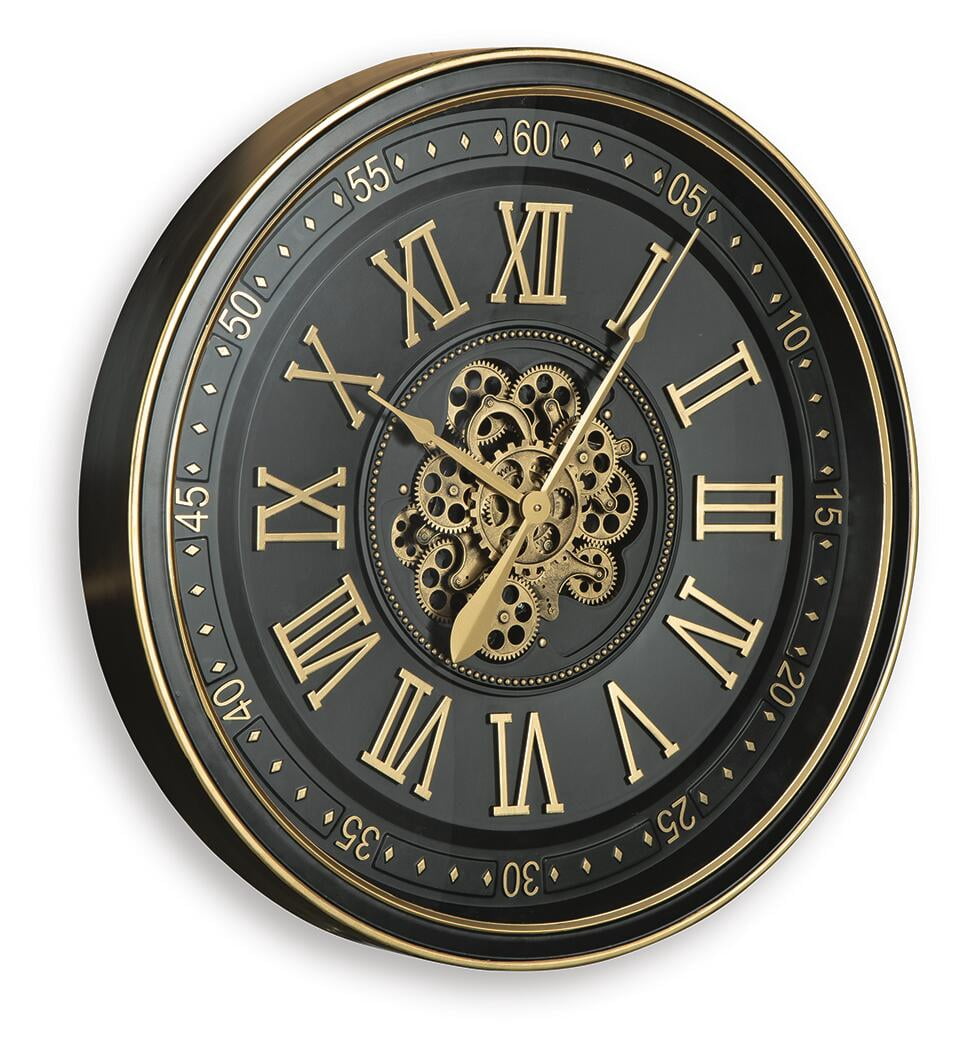 Signature Design by Ashley Dairton Wall Clock, Black & Gold Finish, Industrial Gear Design, Roman Numerals, 32-Inch Round