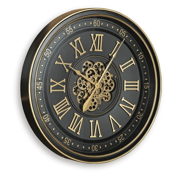 Signature Design by Ashley Dairton Wall Clock, Black & Gold Finish, Industrial Gear Design, Roman Numerals, 32-Inch Round