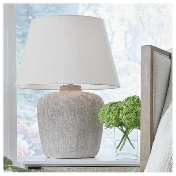 Signature Design by Ashley Danry Distressed Cream Table Lamp, Metal Base with Fabric Shade, 3-Way Switch