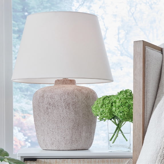 Signature Design by Ashley Danry Distressed Cream Table Lamp, Metal Base with Fabric Shade, 3-Way Switch