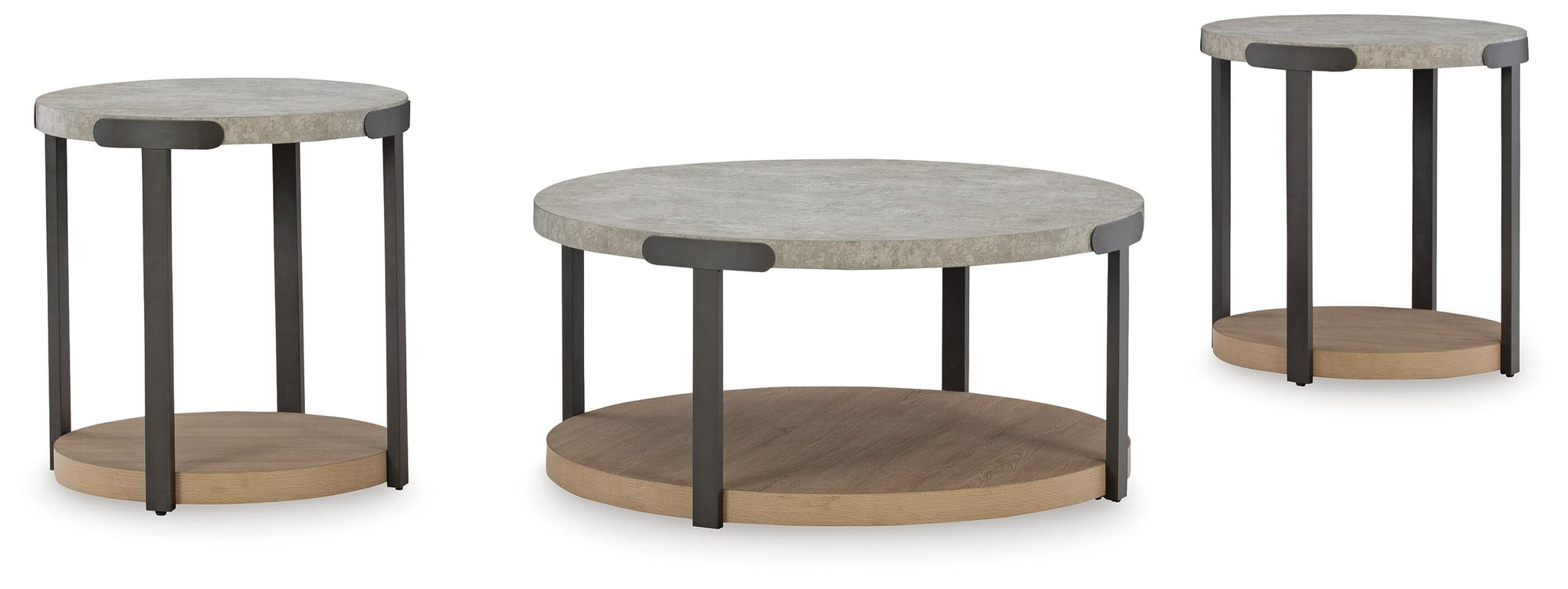 Signature Design by Ashley Darthurst 3-Piece Modern Round Coffee Table Set, Light Brown with Faux Cement Top