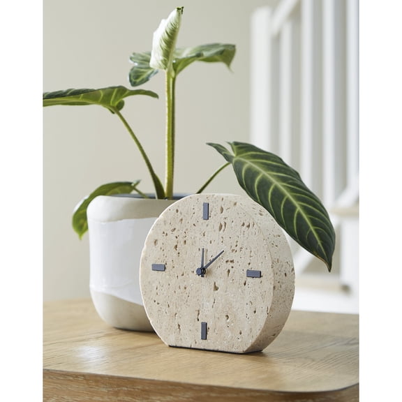 Signature Design by Ashley Donfordson Table Clocks, Set of 2, Travertine Stone, Beige