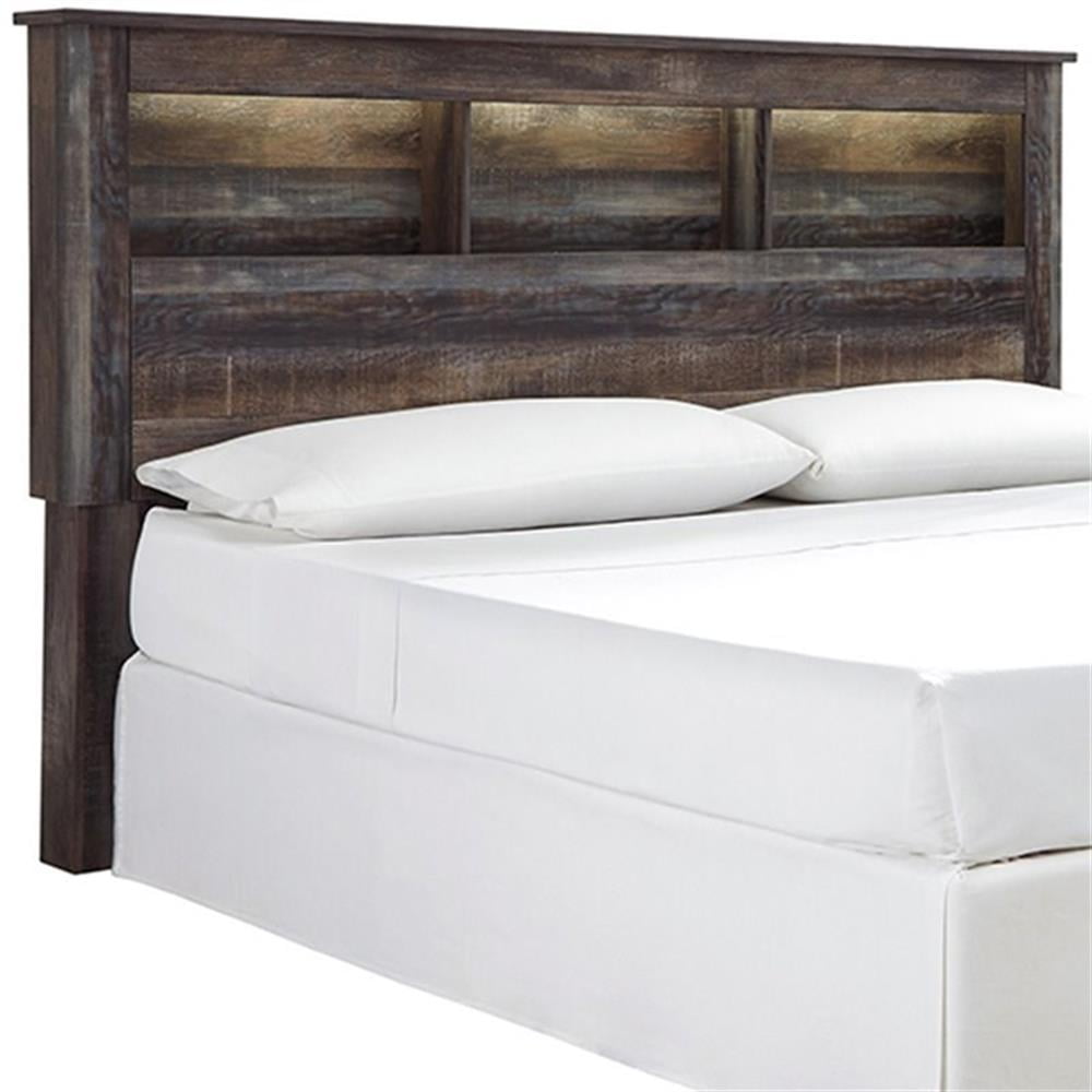 Rustic Industrial King Bookcase Headboard with LED Light, Weatherworn Brown