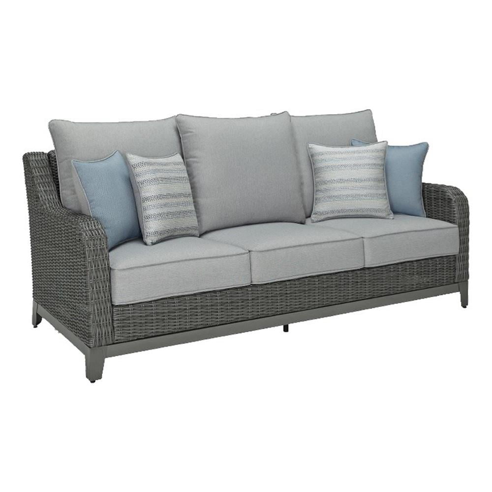 Gray Wicker and Aluminum Outdoor Sofa with Cushions