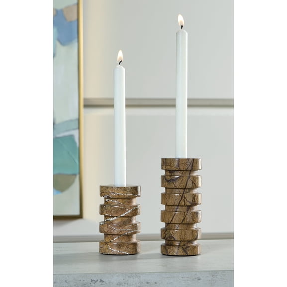 Signature Design by Ashley Emsleyfield Marble Candle Holder Set of 2, Tan Taper Candle Holders