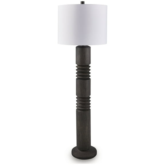 Signature Design by Ashley Fainwell Poly Floor Lamp, Distressed Black Finish, Carved Contemporary Base, Drum Fabric Shade, 64.5-Inch Tall