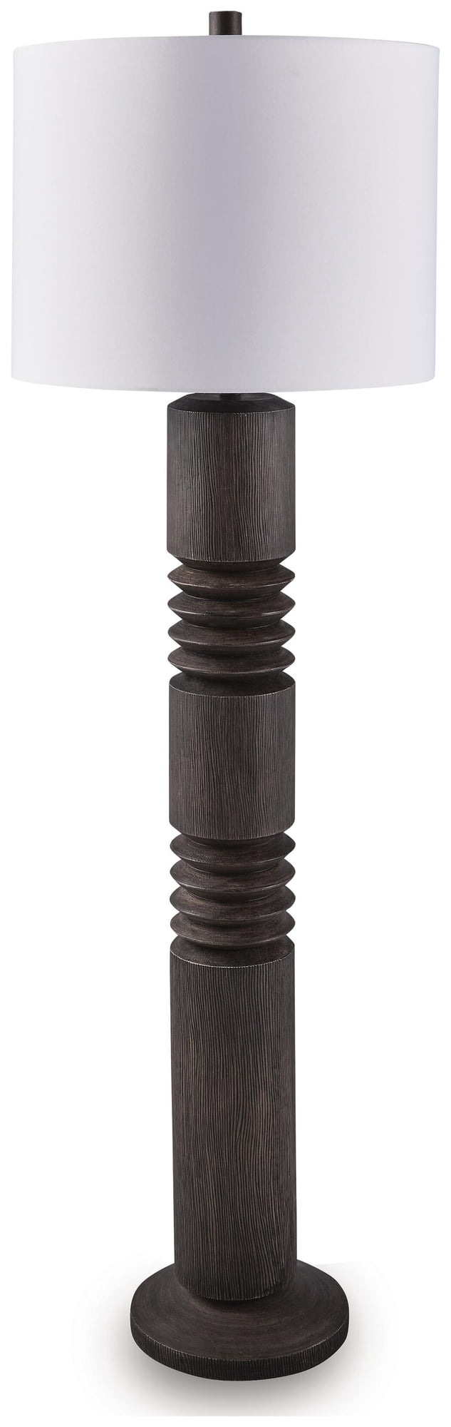 Signature Design by Ashley Fainwell Poly Floor Lamp, Distressed Black Finish, Carved Contemporary Base, Drum Fabric Shade, 64.5-Inch Tall