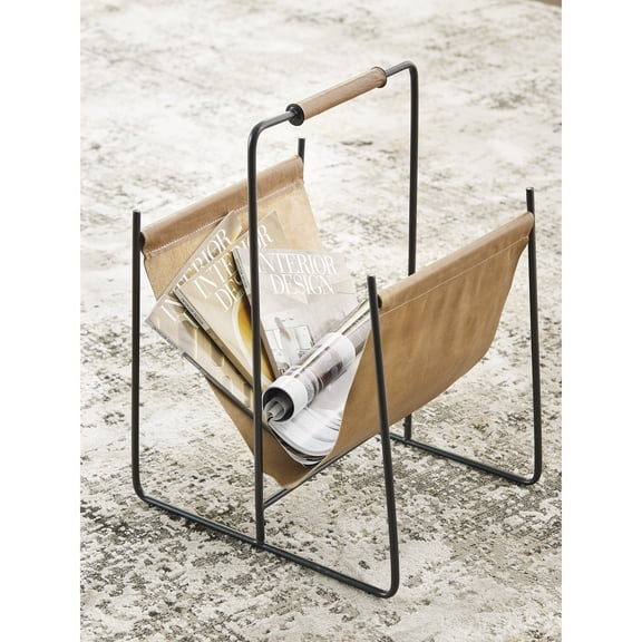 Signature Design by Ashley Faronworth Magazine Rack, Brown Leather Sling with Black Metal Frame and Handle