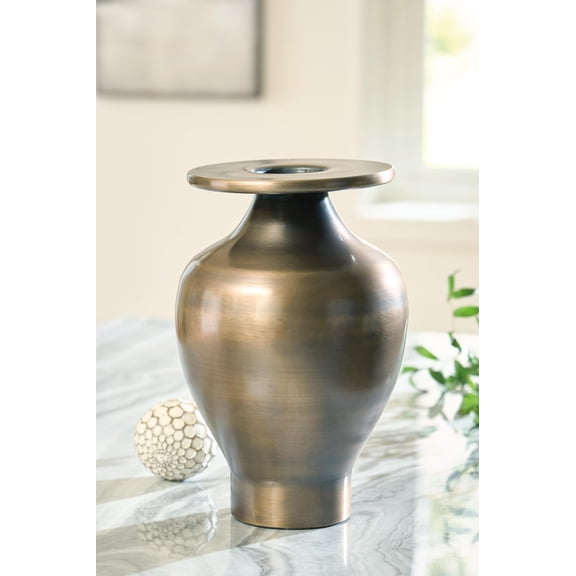 Signature Design by Ashley Fedorleigh Decorative Vase, Antique Brass Finish, Tall Modern Metal Vase 15"