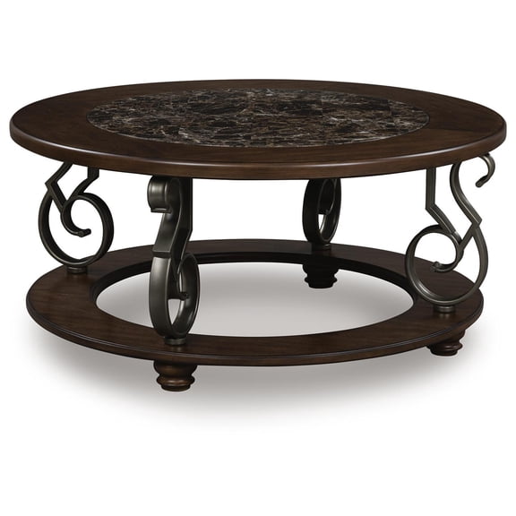 Signature Design by Ashley Frallyn Coffee Table - Dark Brown Finish with Faux Marble Top and Metal Legs