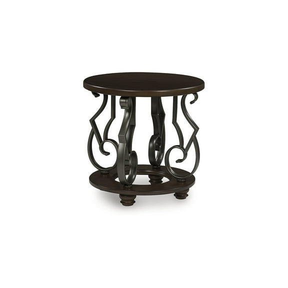 Signature Design by Ashley Frallyn Modern Round End Table with Faux Marble Top, 24" Diameter, Dark Brown