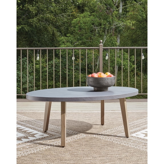 Signature Design by Ashley Francis Beach Outdoor Coffee Table, Gray/Natural, Oval Patio Cocktail Table with Aluminum Frame and Stone-Look Top