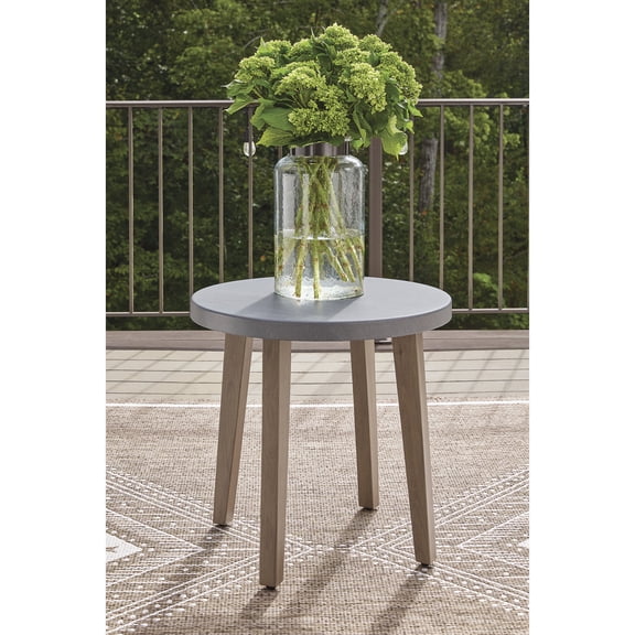 Signature Design by Ashley Francis Beach Outdoor Round End Table, Natural and Gray, Aluminum Patio Side Table