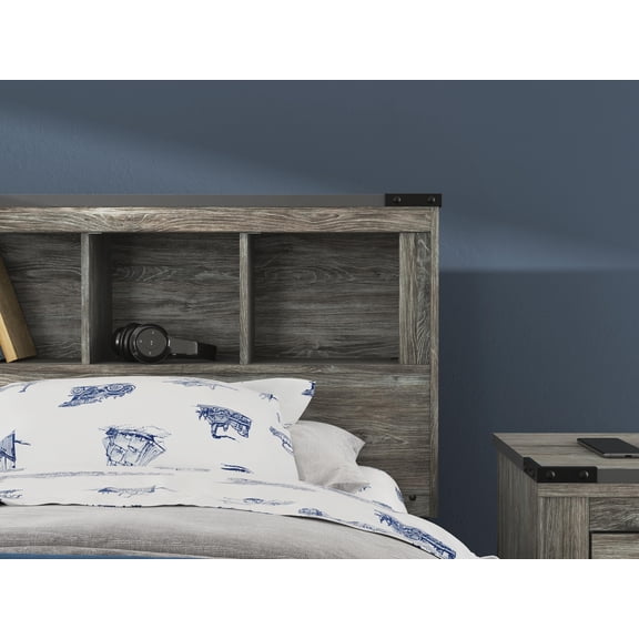 Signature Design by Ashley Frandern Twin Bookcase Headboard, Gray Rustic Wood-Look with Storage Cubbies