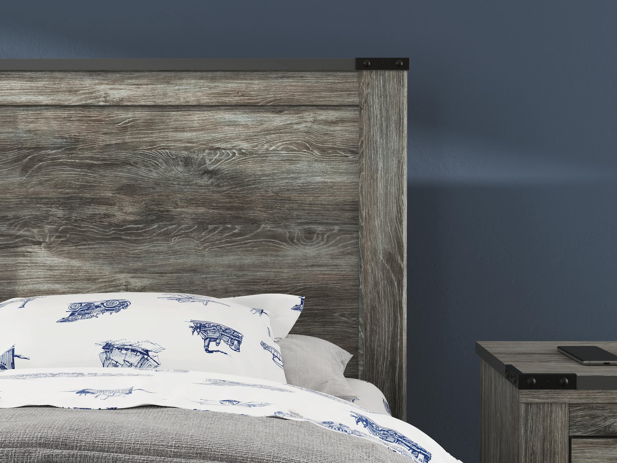 Signature Design by Ashley Frandern Twin Gray Farmhouse Headboard, Rustic Wood-Look Panel with Industrial Accents