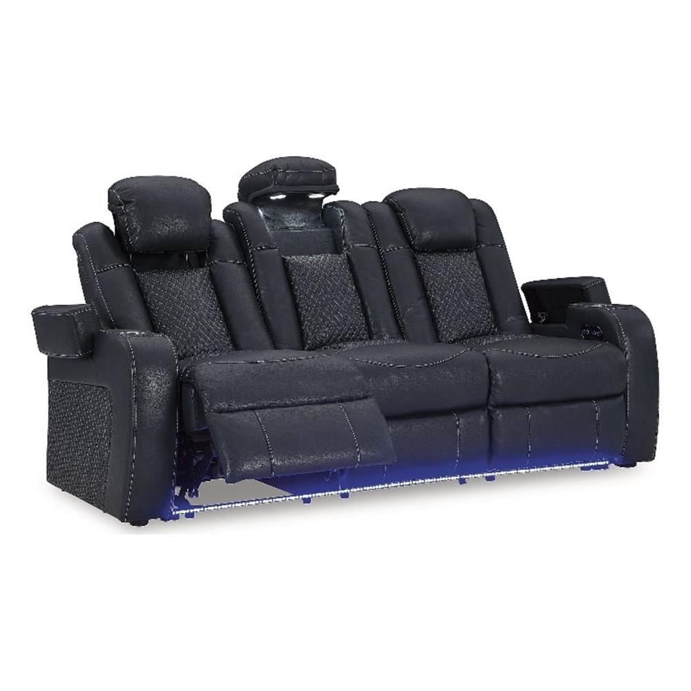 Black Faux Leather Power Reclining Sofa with Cup Holders