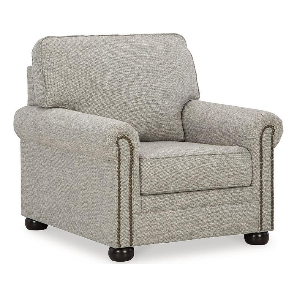 Beige Herringbone Stationary Chair with Nailhead Trim