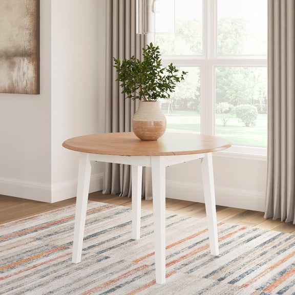 Signature Design by Ashley Gesthaven Round Drop Leaf Dining Table – Natural Wood & White Base, Space-Saving, Contemporary Kitchen & Dining Room Table