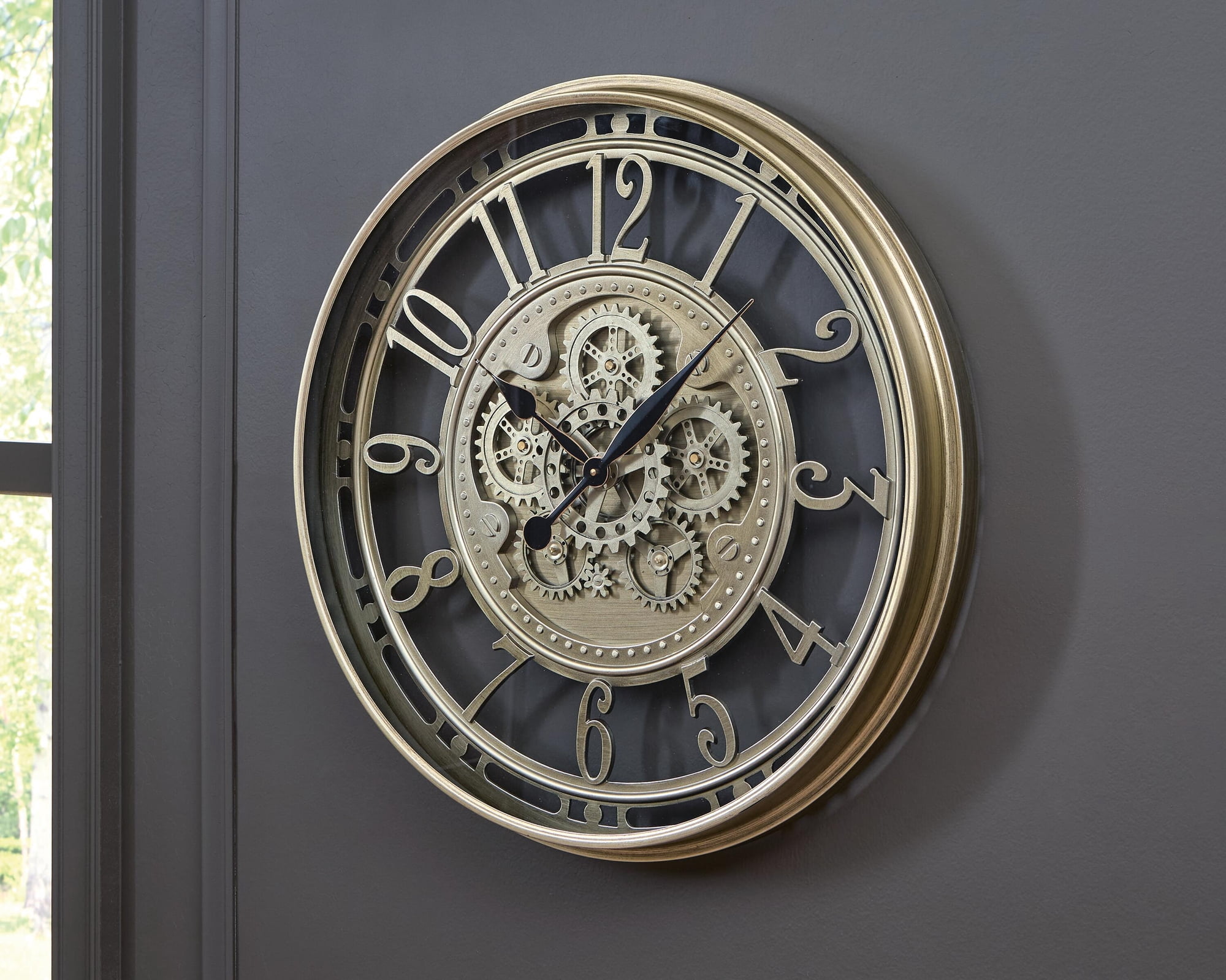 Signature Design by Ashley Gilover Wall Clock, Vintage Gear Design, Champagne Finish