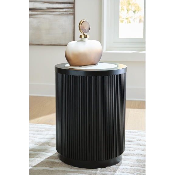 Signature Design by Ashley Grayman Round End Table, Black with Faux Marble Top