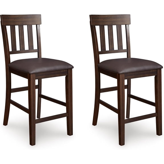 Signature Design by Ashley Haddigan Upholstered Barstool, 2 Count, Slat Back Design, Cushioned Seat, Wood, 25.5" H, Dark Brown
