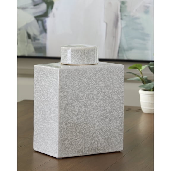 Signature Design by Ashley Haddworth Decorative Ceramic Jar, Antique White Crackle Finish, 11 Inch Accent Jar