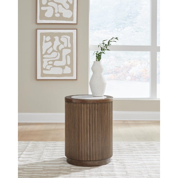 Signature Design by Ashley Hadonna Round End Table, Brown with Faux Stone Top