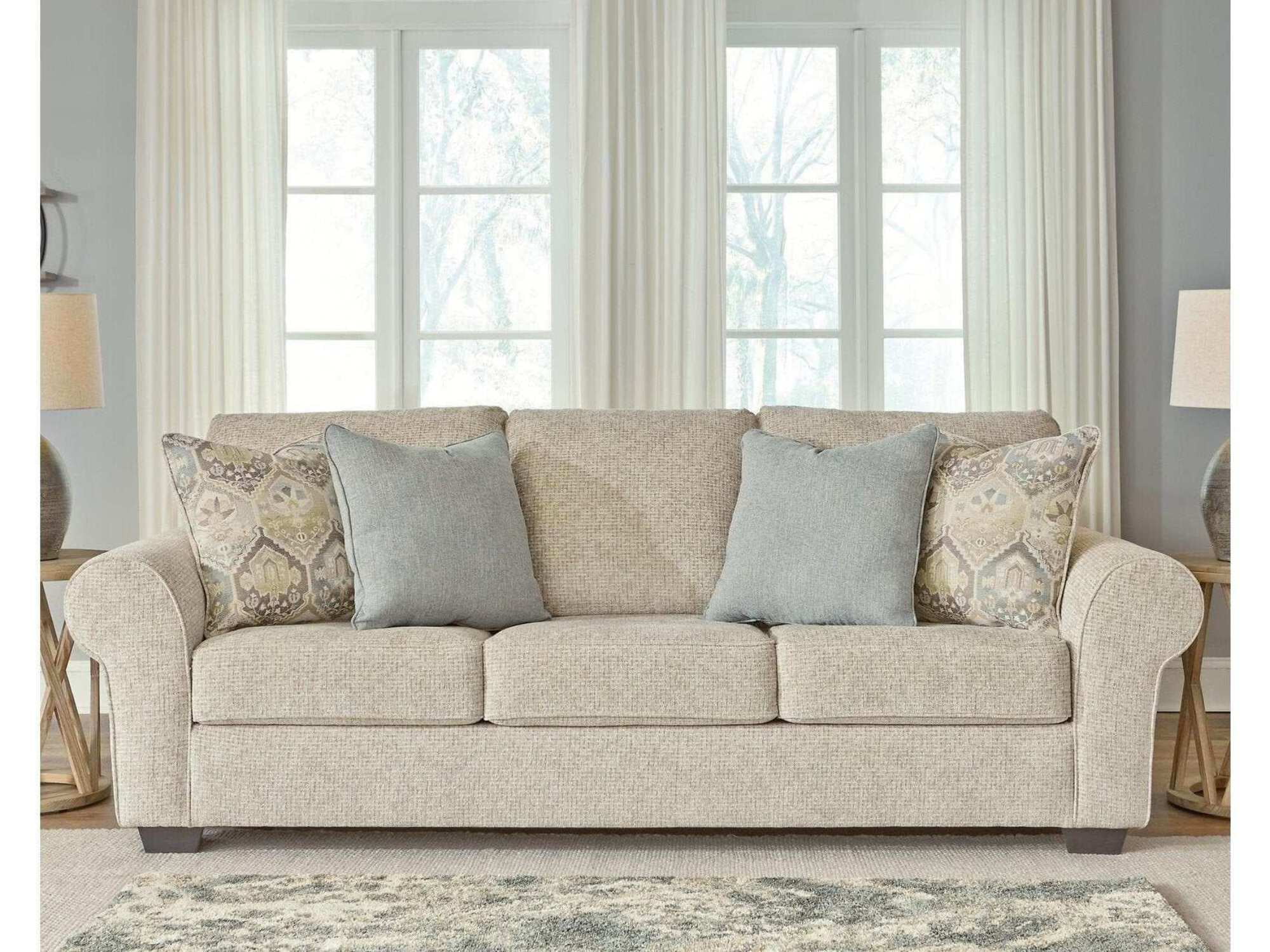 Beige Fabric Traditional Stationary Sofa with Rolled Arms