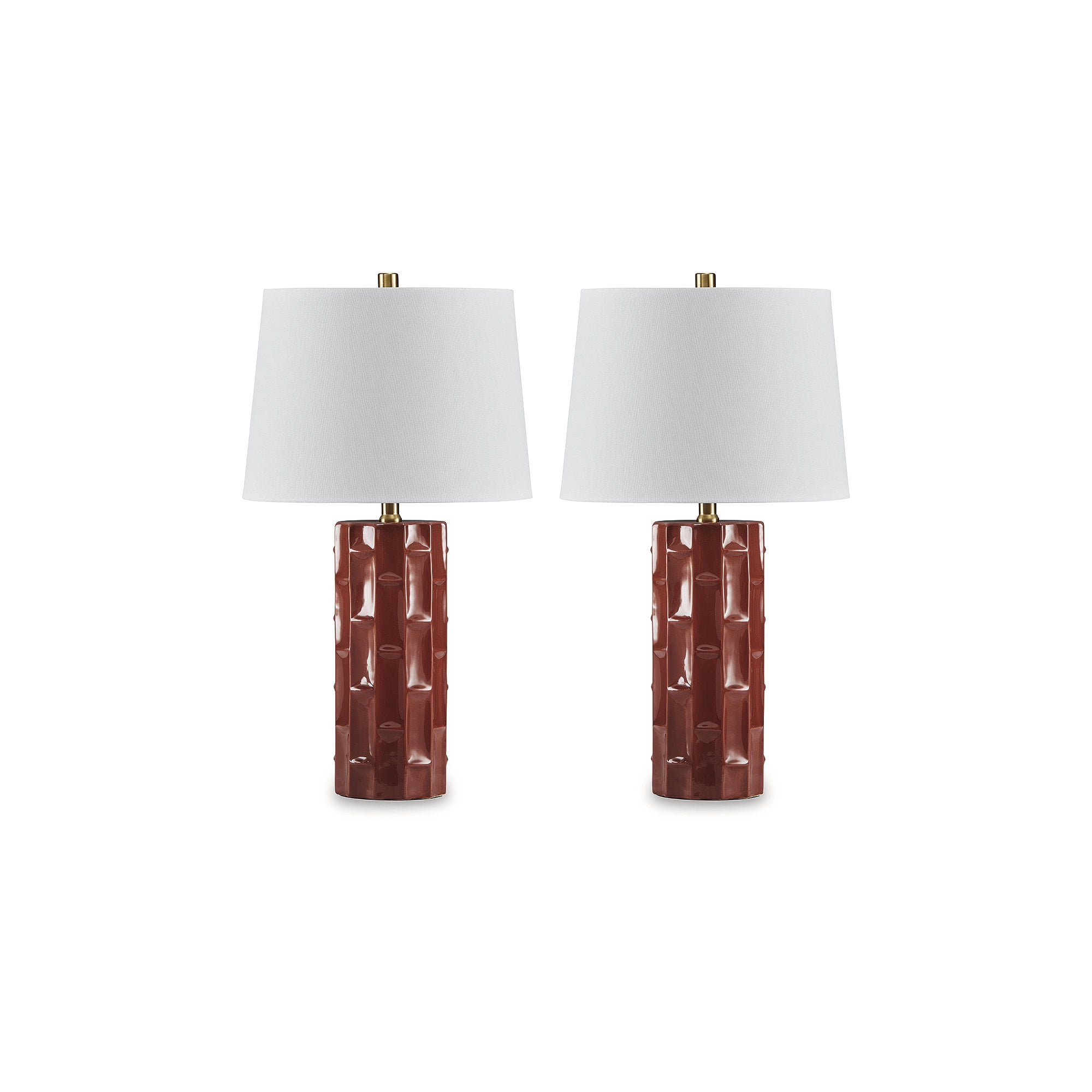 Burnt Umber Ribbed Ceramic Table Lamp Set with White Shades