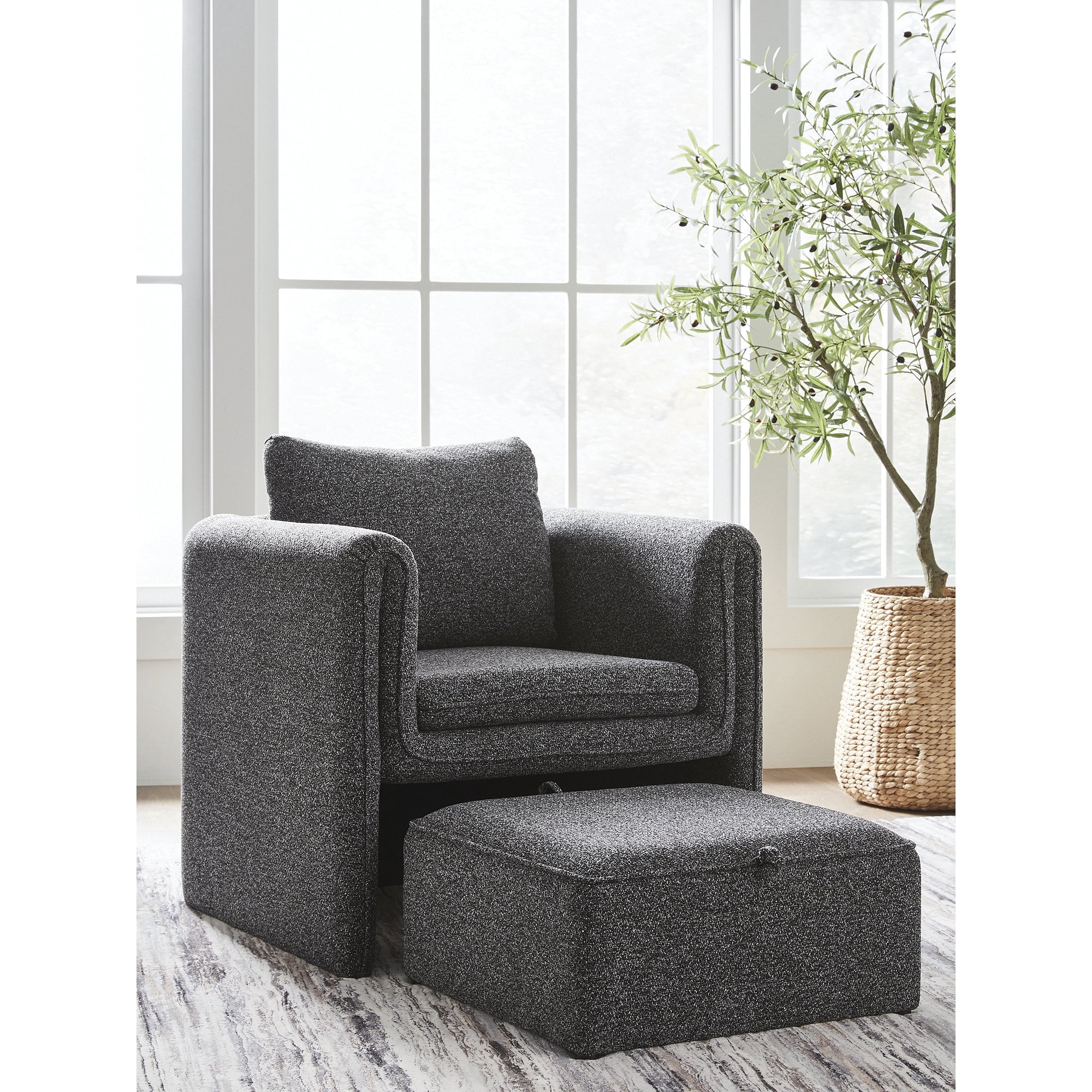 Signature Design by Ashley Vreni Accent Chair and Ottoman, Charcoal Black, Small Space Living Room Accent Seating, Polyester Upholstery