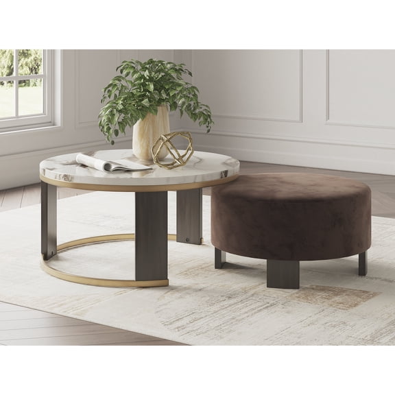 Signature Design by Ashley Jazmore Nesting Cocktail Table and Ottoman Set, Faux Marble Top with Brass-Tone Frame