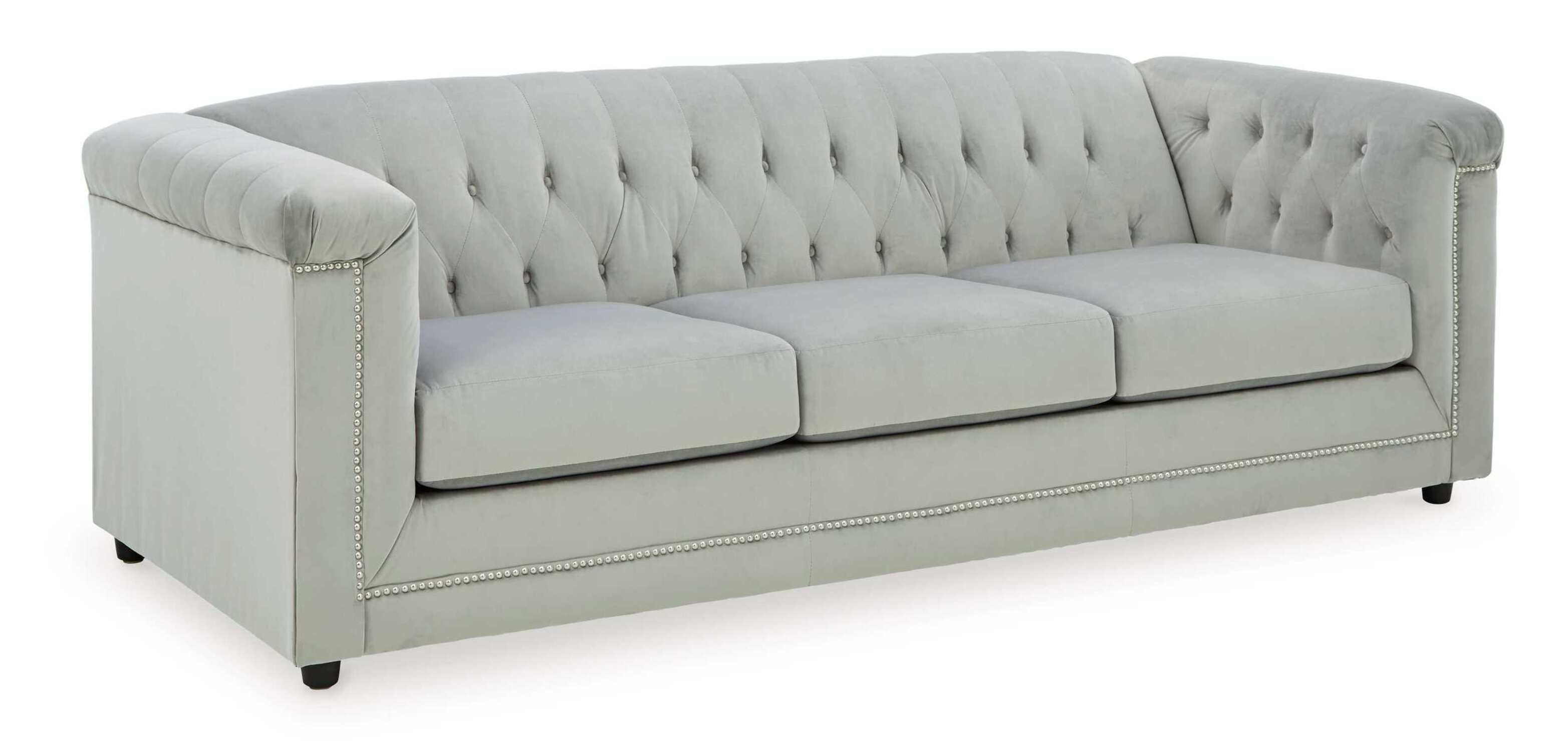 Light Gray Velvet Tufted Sofa with Nailhead Trim